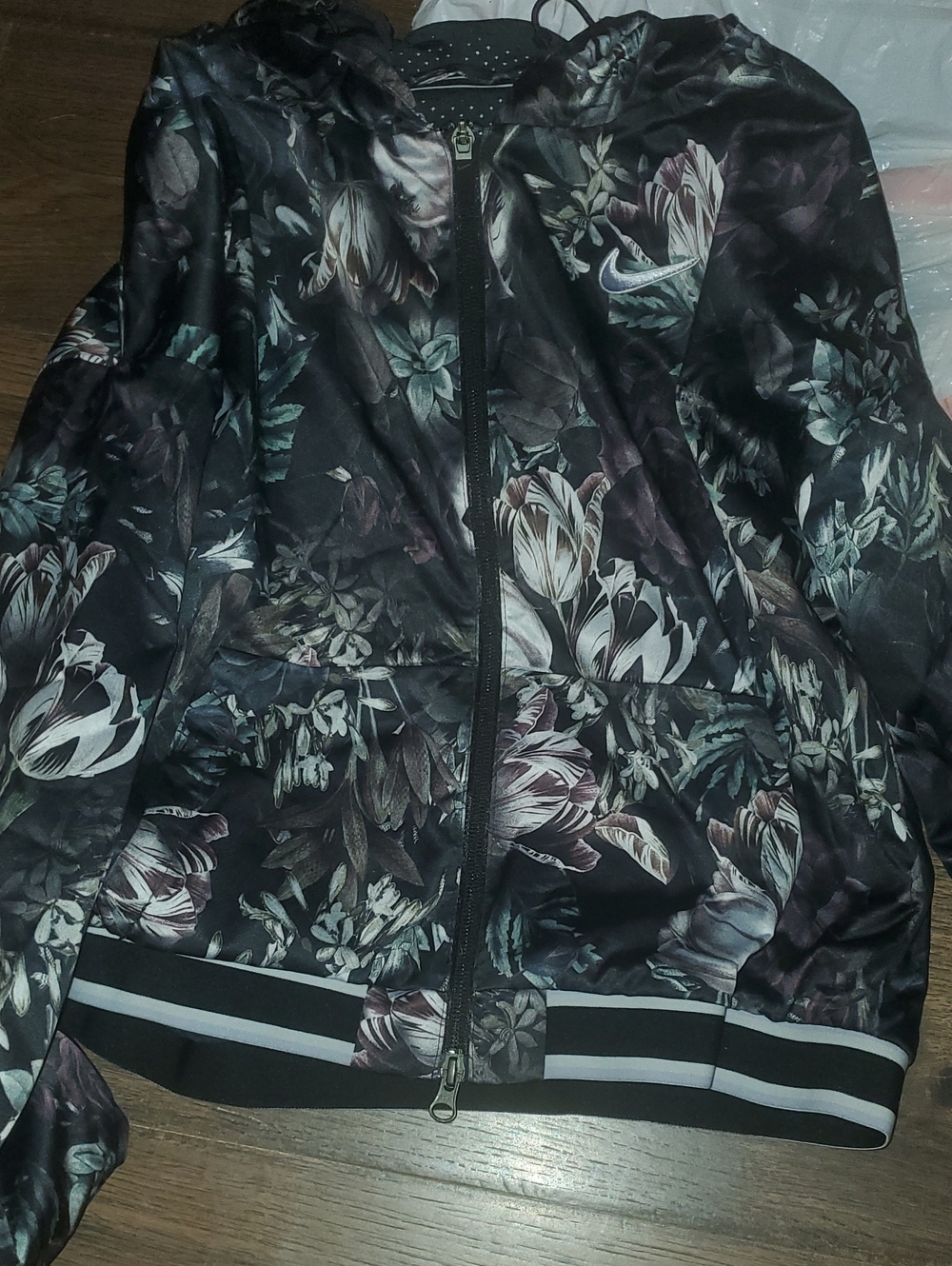 Nike Black Floral Zip Hoodie with Muted Green and Mauve Accents